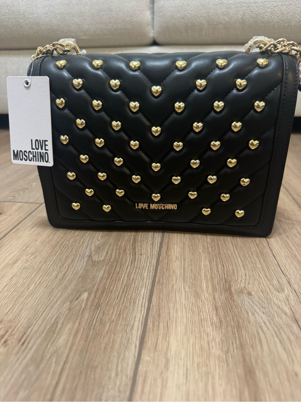 Love Moschino Black Quilted Crossbody with Gold Heart Studs